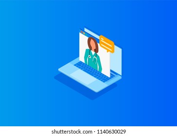 Isometric doctor online concept. Vector design infographic 