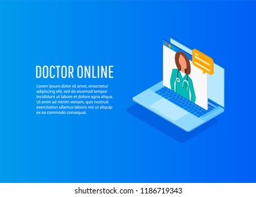 Isometric doctor online concept. Vector design infographic 