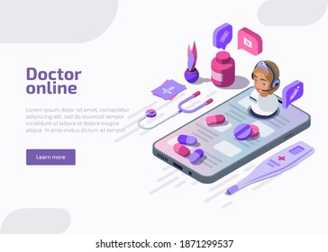 Isometric doctor online vector illustration. Physician assistant or pharmacist gives medical consultation on mobile device via cellphone application. Telehealth, diagnostics or aid service concept.