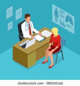 Isometric Doctor Showing Something Patient On Tablet Pc In Hospital.  Male Doctor Talking With Female Patient In Doctors Office. Healthcare, Medical And Technology.