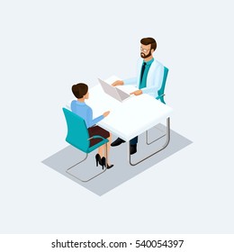 Isometric doctor takes the patient's surgeon, talking at a table isolated on a light background. Vekton illustration.