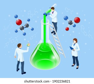 Isometric Doctor Team While Working Analysis Lab, Chemical Laboratory Science.