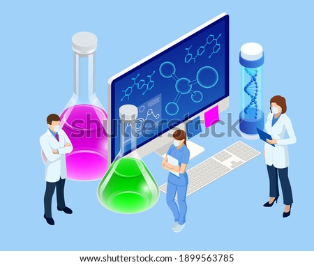 Isometric Doctor Team While Working Analysis Lab, Chemical Laboratory Science. Research Teams in Chemistry Experiments, Health Sciences, Life Sciences. Laboratory and Development Concept