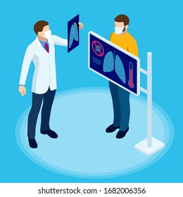 Isometric doctor is watching an x-ray of the patient’s lungs. Pneumonia test, radiography