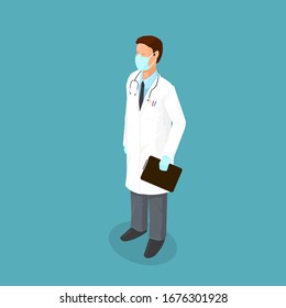 Isometric Doctor Wearing Protective Clothing Face Mask Covid 19 Coronavirus - Vector Icon Illustration