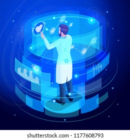Isometric doctor works on a virtual screen, monitors, set 2, remote controls medical devices for life support. High tech. Back view