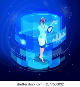 Isometric doctor works on a virtual screen, monitors, set 4, remote controls medical devices for life support. High tech