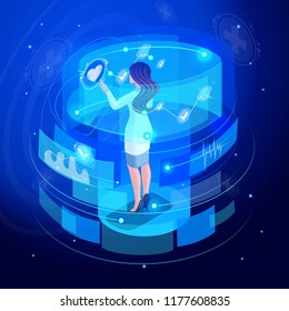 Isometric doctor works on a virtual screen, monitors, set 5, remote controls medical devices for life support. High tech. Back view