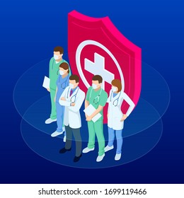 Isometric doctors and nurses in a medical mask, protecting health and life concept. Thank you doctors and nurses working in the hospitals and fighting the coronavirus.