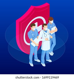 Isometric doctors and nurses in a medical mask, protecting health and life concept. Thank you doctors and nurses working in the hospitals and fighting the coronavirus.