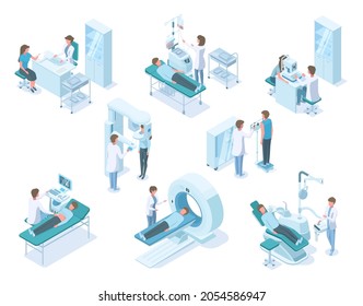 Isometric doctors and patients with hospital medical diagnostic equipment. Hospital diagnostic, patients examined and treated vector illustration set. Medical examination isometric 3d