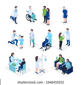 Isometric doctors and patients medical healthcare, medicine insurance in hospital, medics staff flat 3d vector illustration. Elder people, patient on wheelchair, kids with doctor and pregnant health.