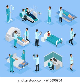 Isometric doctors and patients set with dentist surgery medical examinations and diagnostic procedures isolated vector illustration