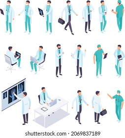 Isometric doctors set. 3d male doctors in different poses, therapist, radiologist, nurse. Isometric people in flat style. Vector illustration.