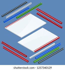 Isometric Document Binding Components And Springs For Fastening Of Catalogs, Plastic Springs For Binding. Vector Illustration Plastic Springs For Binding