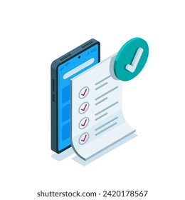 documento isométrico y marcas de verificación en la pantalla del smartphone en color sobre fondo blanco, aprobar o realizar pruebas con éxito