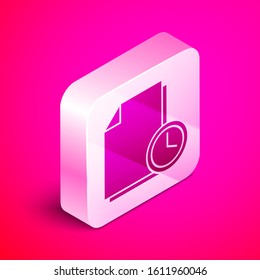 Isometric Document with clock icon isolated on pink background. Document and countdown, deadline, schedule, planning symbol. Silver square button. Vector Illustration