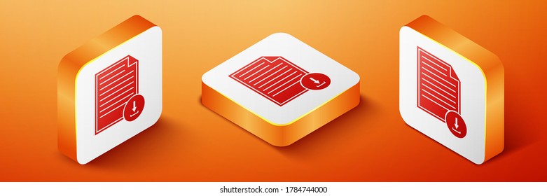 Isometric Document with download sign icon isolated on orange background. File document symbol. Orange square button. Vector.