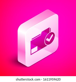 Isometric Document folder and check mark icon isolated on pink background. Checklist icon. Business concept. Silver square button. Vector Illustration