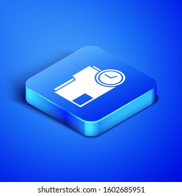 Isometric Document folder with clock icon isolated on blue background. Document and countdown, deadline, schedule, planning symbol. Blue square button. Vector Illustration