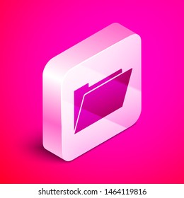 Isometric Document folder icon isolated on pink background. Accounting binder symbol. Bookkeeping management. Silver square button. Vector Illustration