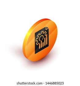 Isometric Document with graph chart icon isolated on white background. Report text file icon. Accounting sign. Audit, analysis, planning. Orange circle button. Vector Illustration