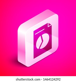 Isometric Document with graph chart icon isolated on pink background. Report text file icon. Accounting sign. Audit, analysis, planning. Silver square button. Vector Illustration