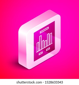 Isometric Document with graph chart icon isolated on pink background. Report text file icon. Accounting sign. Audit, analysis, planning. Silver square button. Vector Illustration