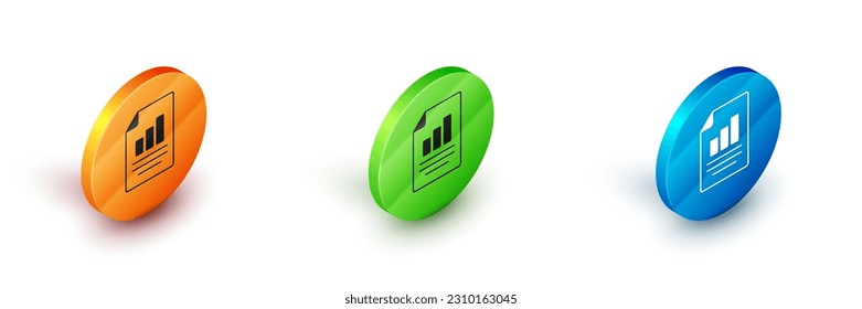 Isometric Document with graph chart icon isolated on white background. Report text file icon. Accounting sign. Audit, analysis, planning. Circle button. Vector