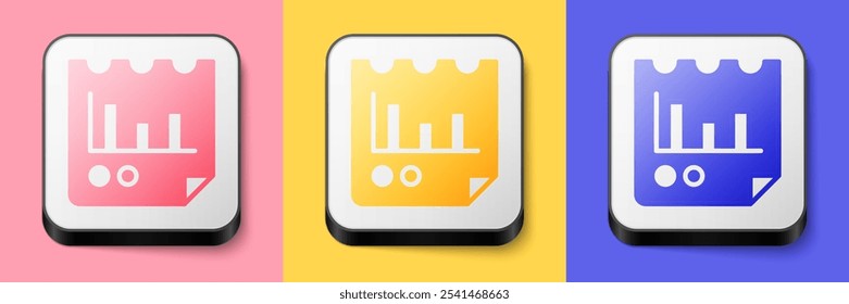 Documento isométrico con icono de gráfico aislado en fondo rosa, amarillo y azul. Icono de archivo de texto de informe. Signo contable. Auditoría, análisis, planificación. Botón cuadrado. Vector