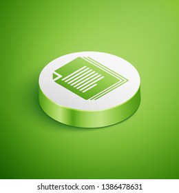Isometric Document icon isolated on green background. File icon. Checklist icon. Business concept. White circle button. Vector Illustration
