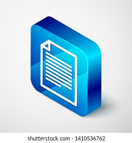 Isometric Document icon isolated on white background. File icon. Checklist icon. Business concept. Blue square button. Vector Illustration