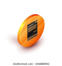 Isometric Document icon isolated on white background. File icon. Checklist icon. Business concept.  Orange circle button. Vector Illustration