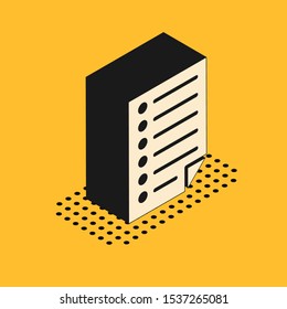 Isometric Document icon isolated on yellow background. File icon. Checklist icon. Business concept.  Vector Illustration