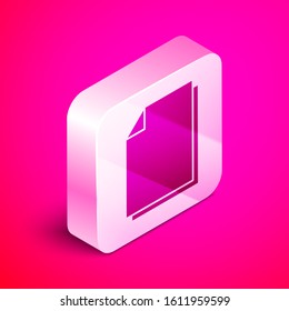 Isometric Document icon isolated on pink background. File icon. Checklist icon. Business concept. Silver square button. Vector Illustration