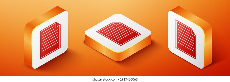 Isometric Document icon isolated on orange background. File icon. Checklist icon. Business concept. Orange square button. Vector.