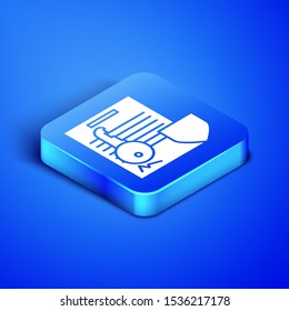 Isometric Document with key with shield icon isolated on blue background. Key insurance. Security, safety, protection, protect concept. Blue square button. Vector Illustration