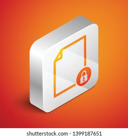 Isometric Document and lock icon isolated on orange background. File format and padlock. Security, safety, protection concept. Silver square button. Vector Illustration