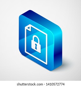 Isometric Document and lock icon isolated on white background. File format and padlock. Security, safety, protection concept. Blue square button. Vector Illustration