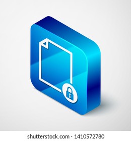 Isometric Document and lock icon isolated on white background. File format and padlock. Security, safety, protection concept. Blue square button. Vector Illustration