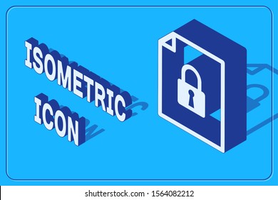 Isometric Document and lock icon isolated on blue background. File format and padlock. Security, safety, protection concept.  Vector Illustration