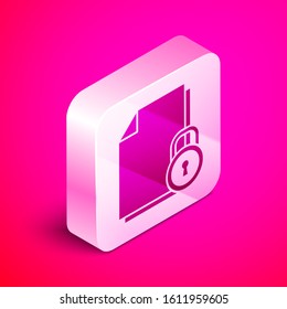 Isometric Document and lock icon isolated on pink background. File format and padlock. Security, safety, protection concept. Silver square button. Vector Illustration