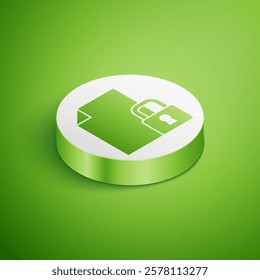 Isometric Document and lock icon isolated on green background. File format and padlock. Security, safety, protection concept. White circle button. Vector