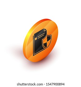 Isometric Document protection concept icon isolated on white background. Confidential information and privacy idea, secure, guard, shield. Orange circle button. Vector Illustration