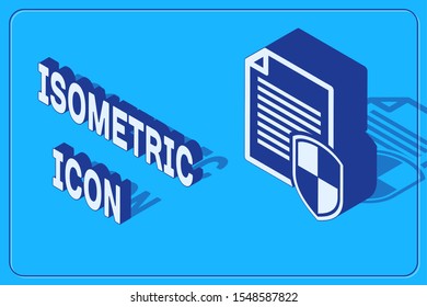 Isometric Document protection concept icon isolated on blue background. Confidential information and privacy idea, secure, guard, shield.  Vector Illustration
