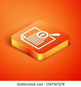 Isometric Document with search icon isolated on orange background. File and magnifying glass icon. Analytics research sign.  Vector Illustration