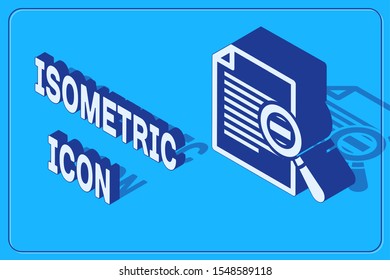 Isometric Document with search icon isolated on blue background. File and magnifying glass icon. Analytics research sign.  Vector Illustration