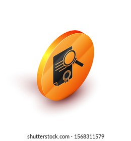 Isometric Document with search icon isolated on white background. File and magnifying glass icon. Analytics research sign. Orange circle button. Vector Illustration