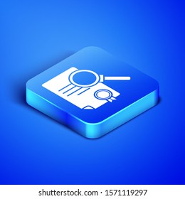 Isometric Document with search icon isolated on blue background. File and magnifying glass icon. Analytics research sign. Blue square button. Vector Illustration