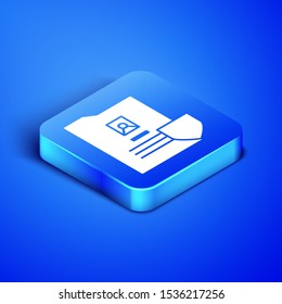 Isometric Document with shield icon isolated on blue background. Insurance concept. Security, safety, protection, protect concept. Blue square button. Vector Illustration